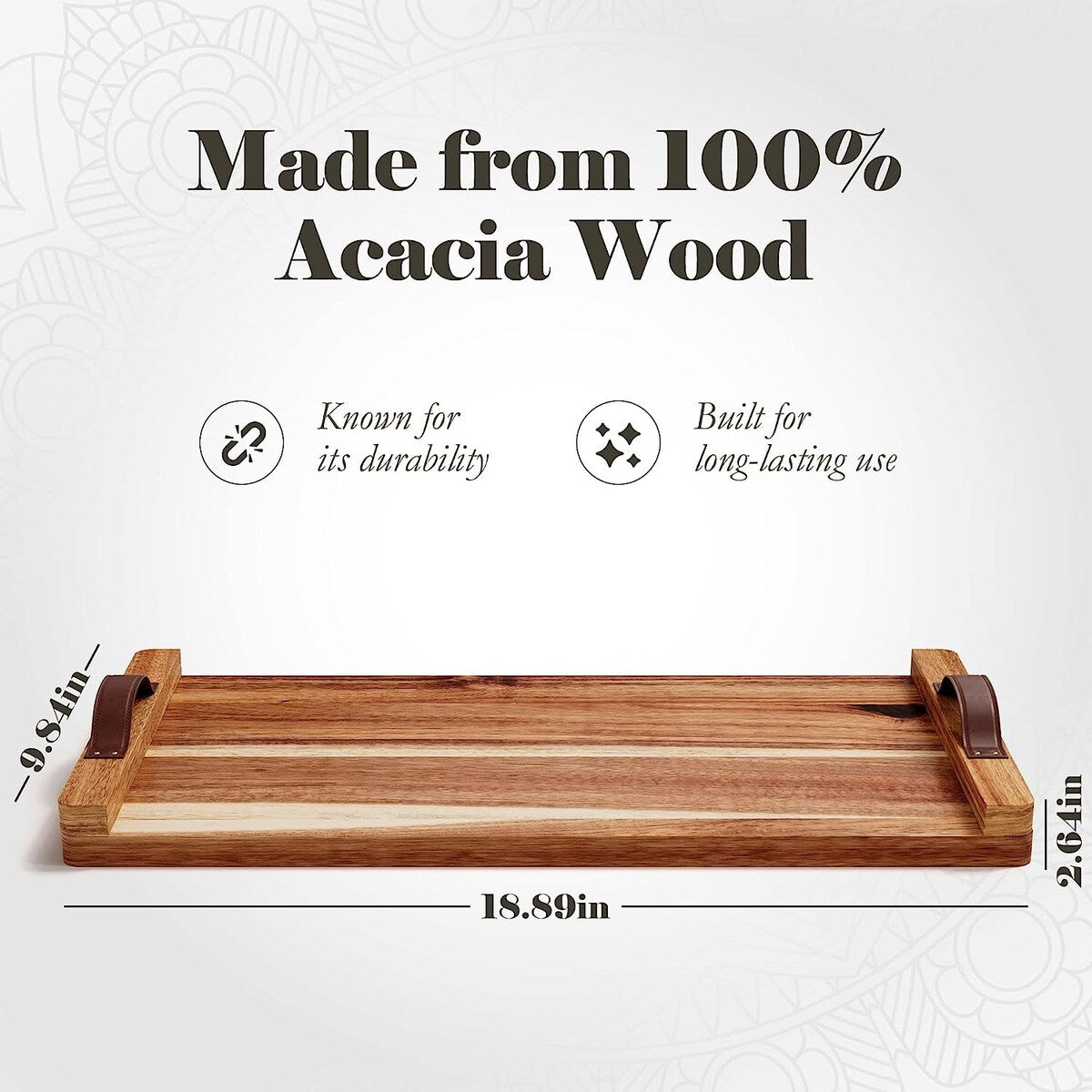 Vassoio rettangolare in legno di acacia American Atelier con manico in pelle - 18 x 9