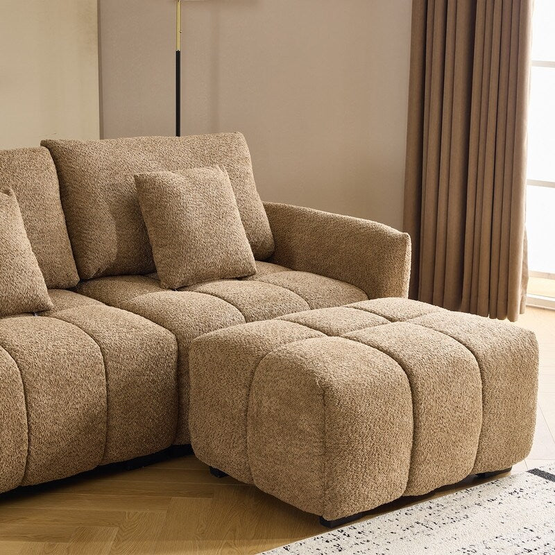 Divano americano in tessuto bouclé con pouf - 3 posti 1 pouf