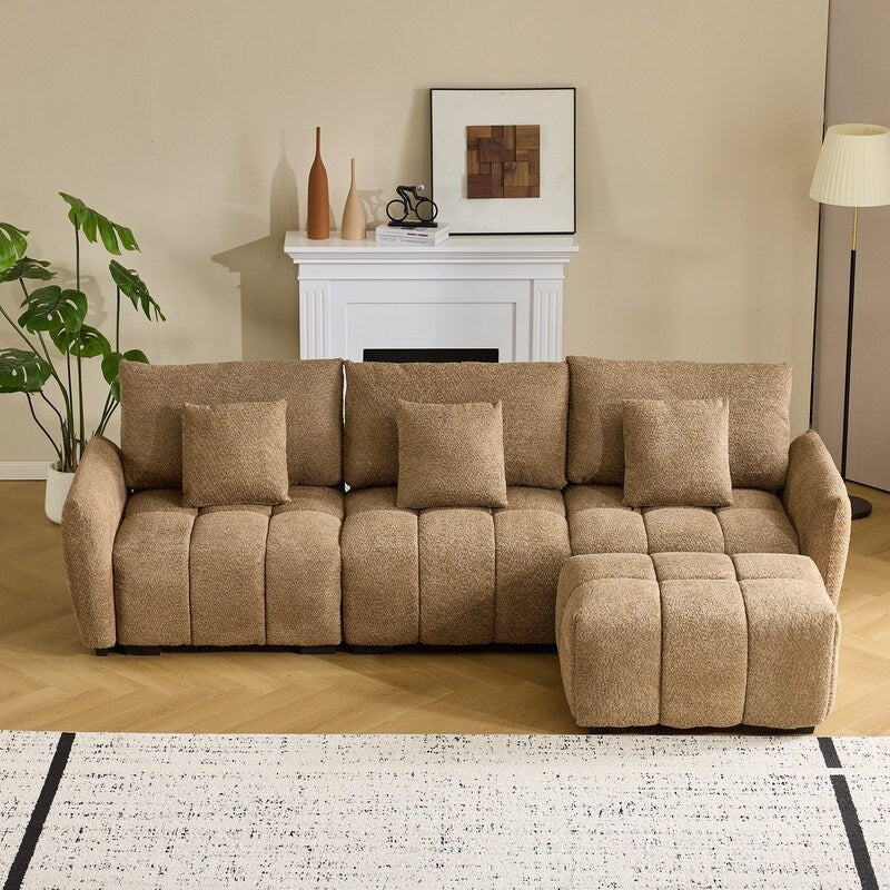 Divano americano in tessuto bouclé con pouf - 3 posti 1 pouf