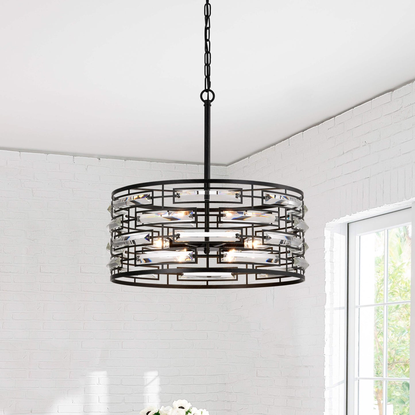 Lampadario Anita Drum Shade con prisma in vetro trasparente