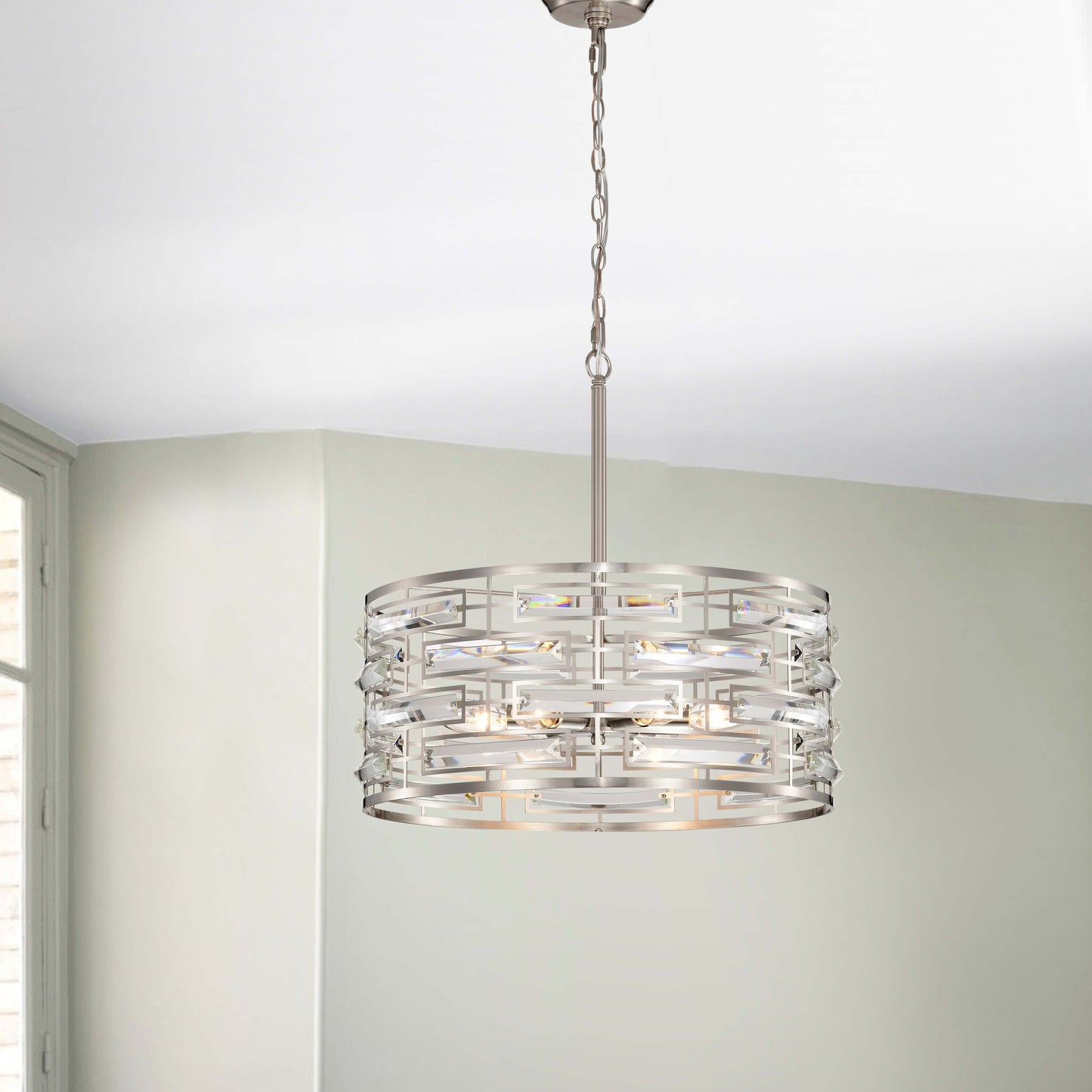 Lampadario Anita Drum Shade con prisma in vetro trasparente