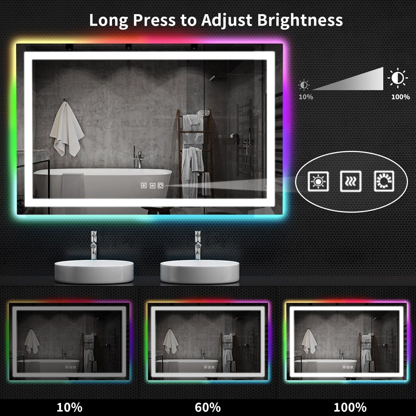 Specchio da bagno antiappannamento retroilluminato RGB e frontale a LED