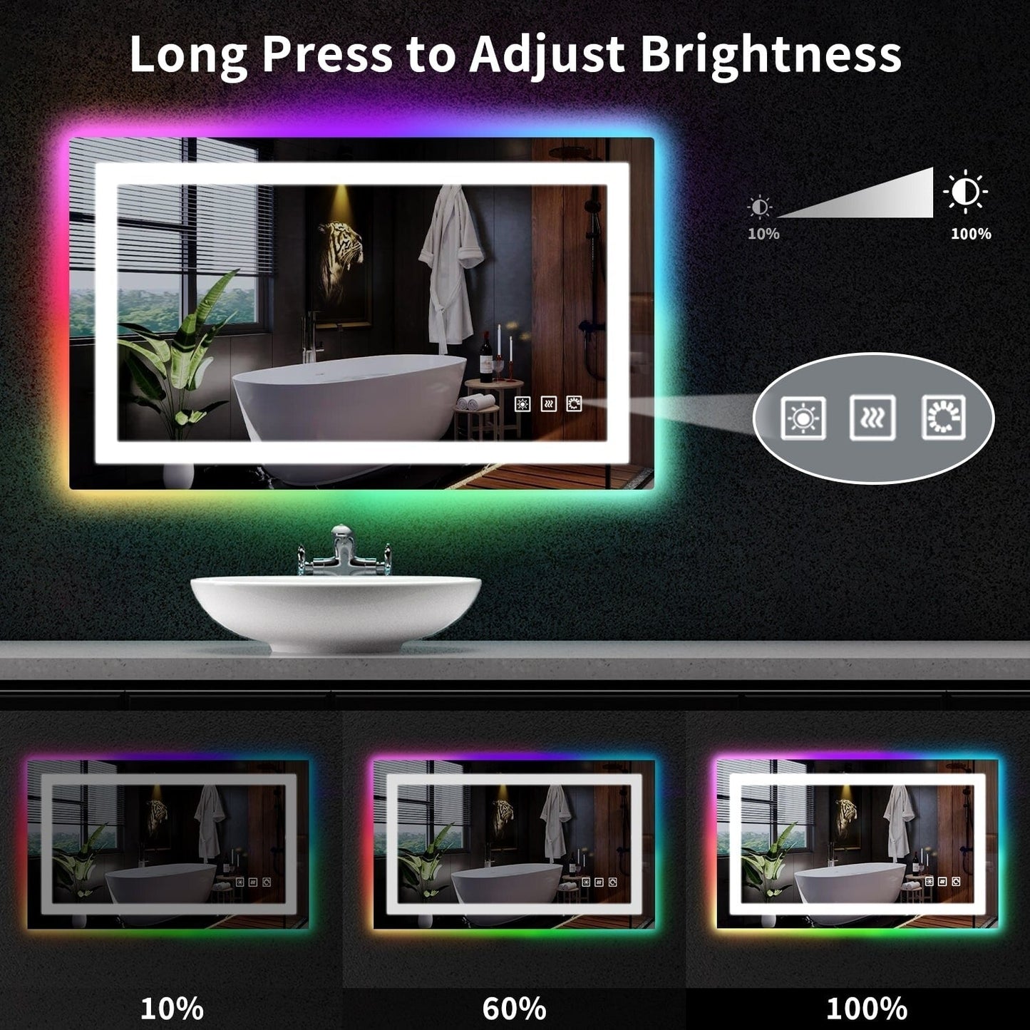 Specchio da bagno antiappannamento retroilluminato RGB e frontale a LED