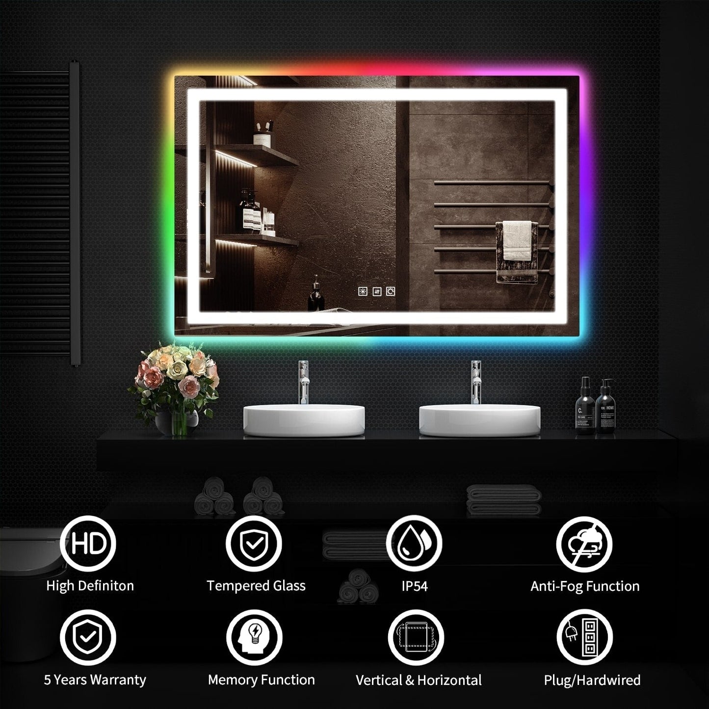 Specchio da bagno antiappannamento retroilluminato RGB e frontale a LED