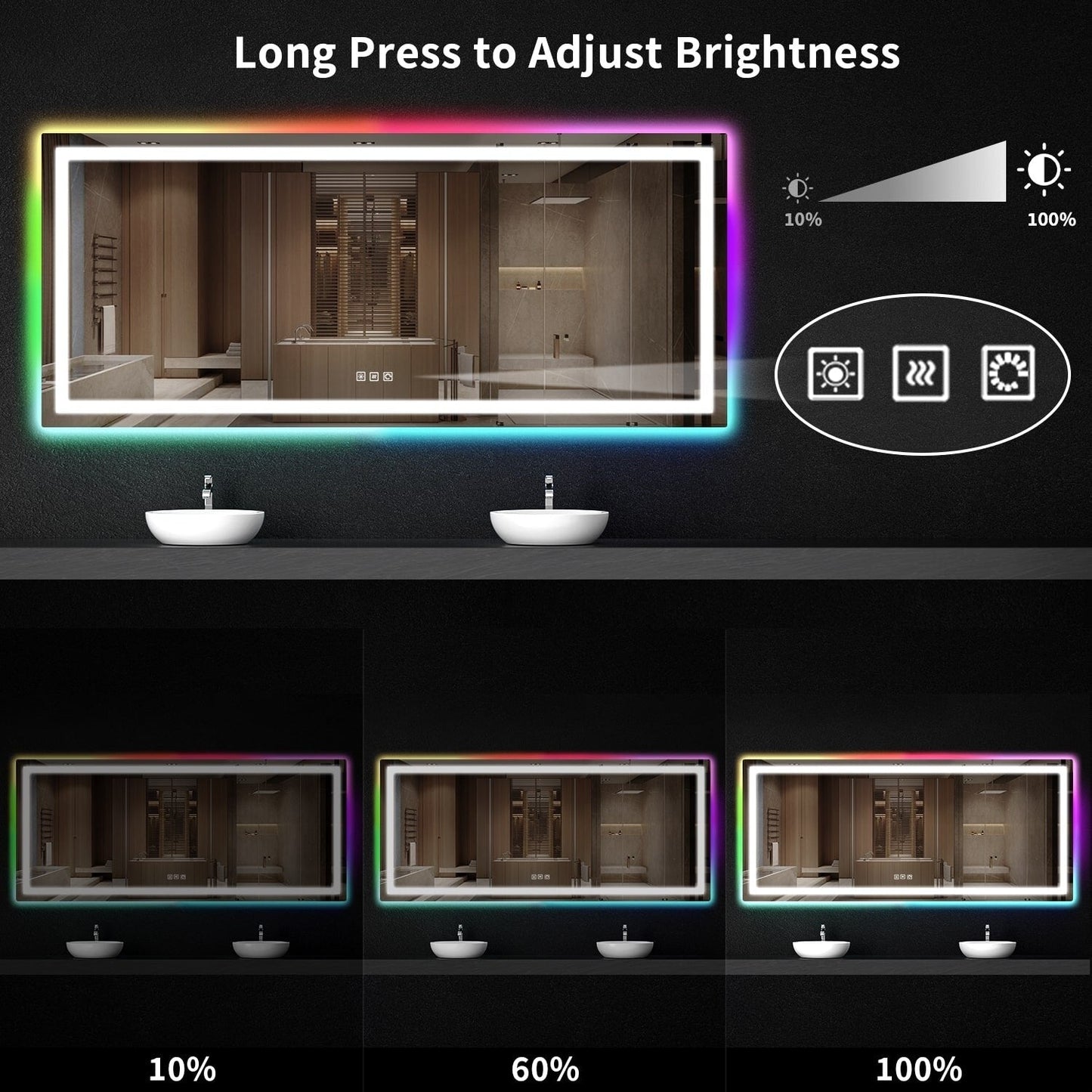 Specchio da bagno antiappannamento retroilluminato RGB e frontale a LED