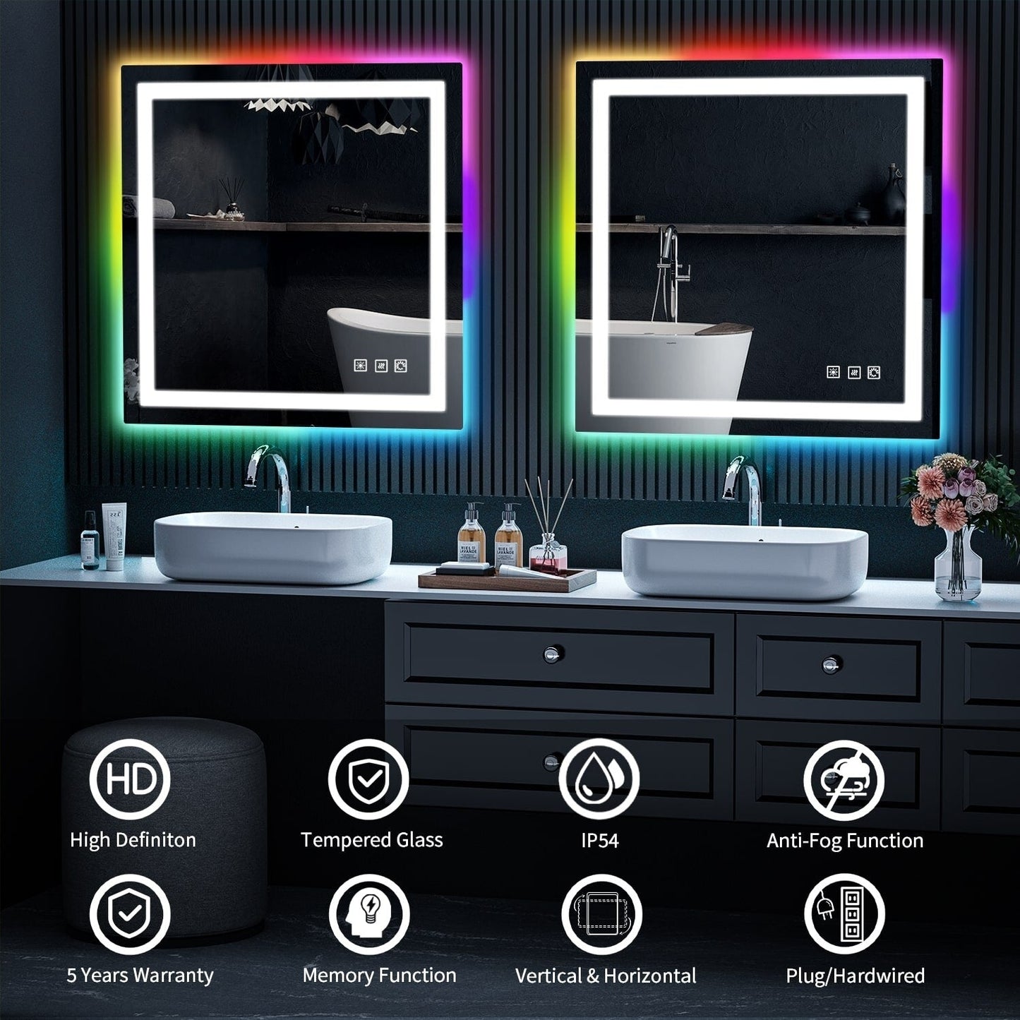 Specchio da bagno antiappannamento retroilluminato RGB e frontale a LED