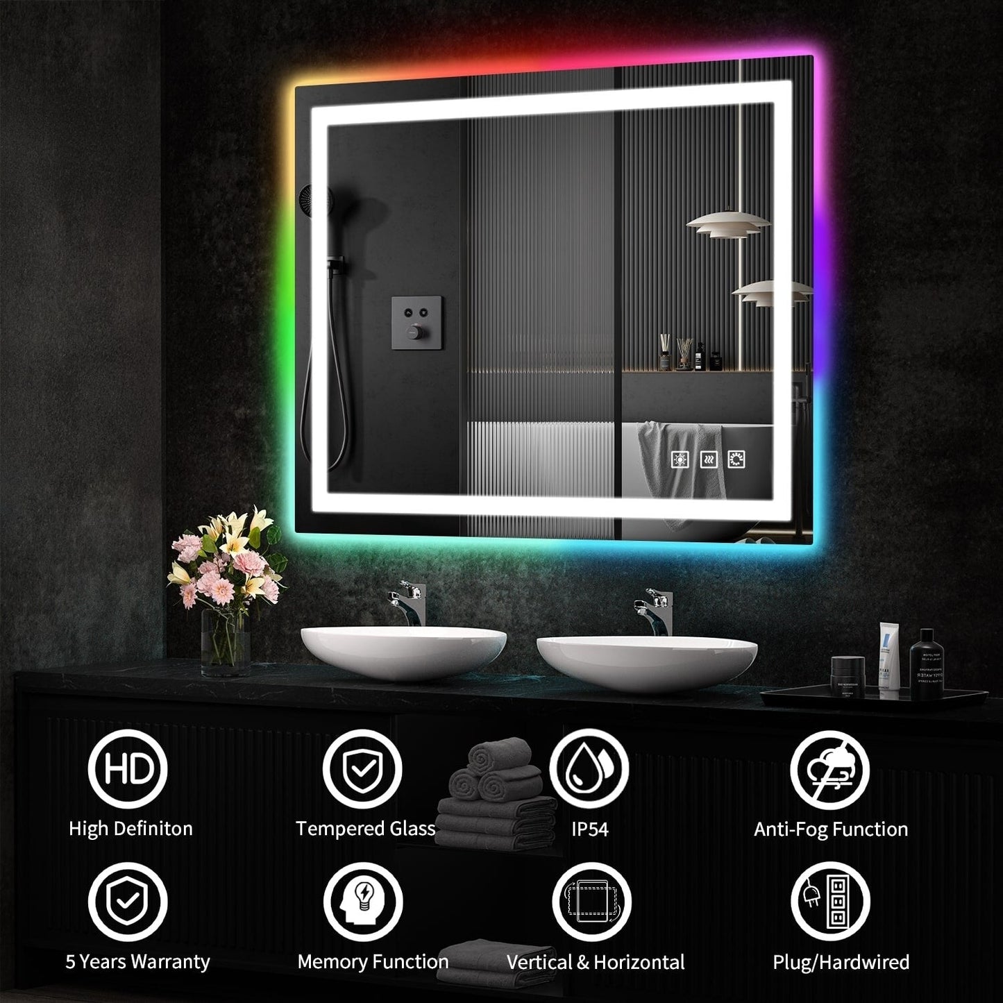 Specchio da bagno antiappannamento retroilluminato RGB e frontale a LED