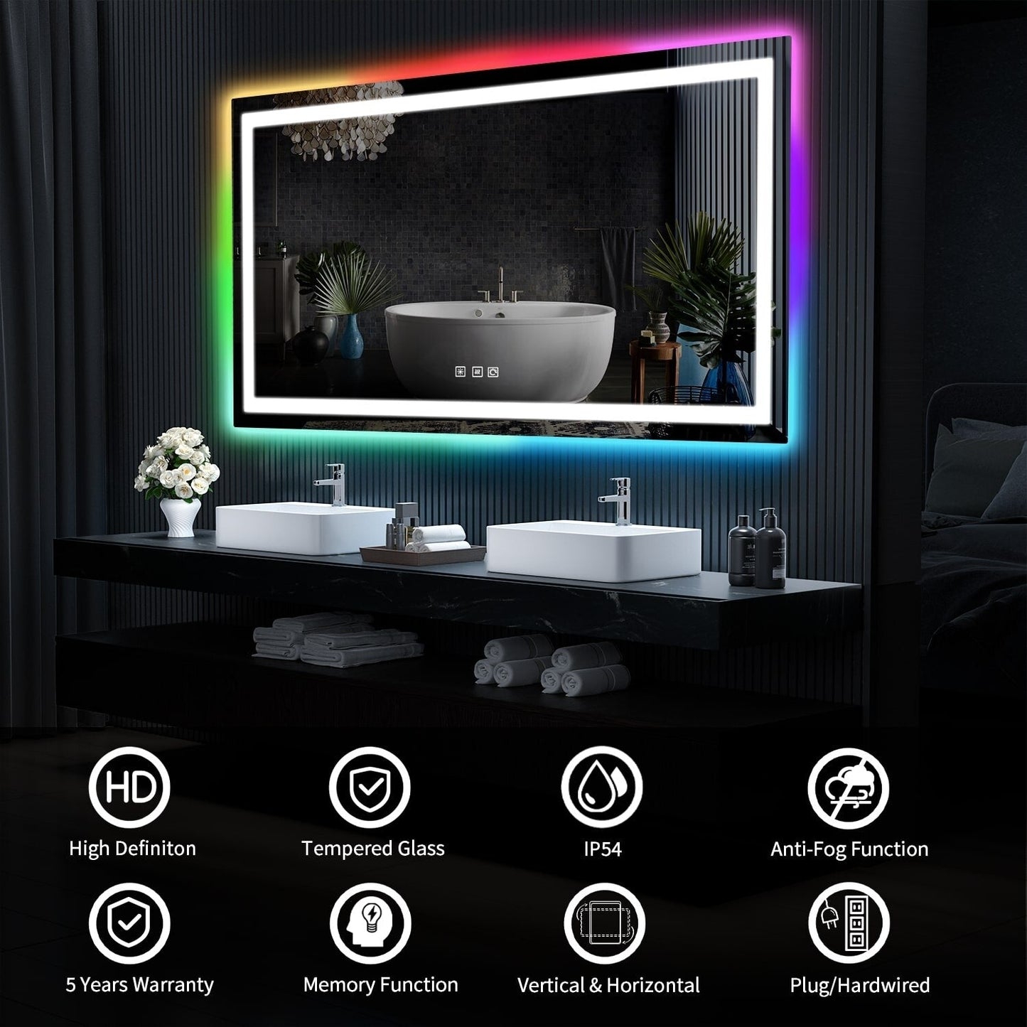 Specchio da bagno antiappannamento retroilluminato RGB e frontale a LED