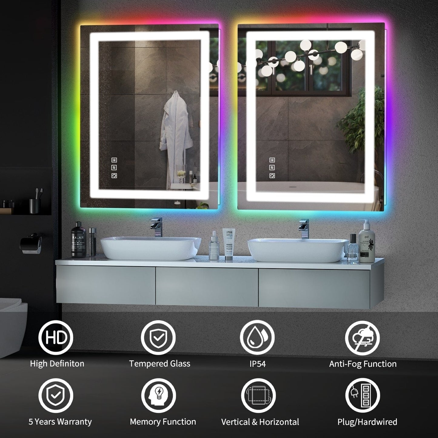 Specchio da bagno antiappannamento retroilluminato RGB e frontale a LED