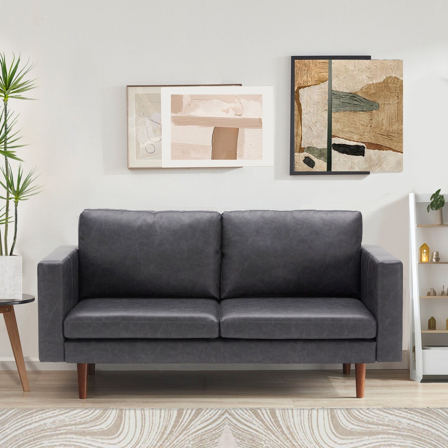 Divani a due posti in similpelle nera anticata Mid Century Modern 65 con struttura in legno massello e cuscino imbottito per soggiorno