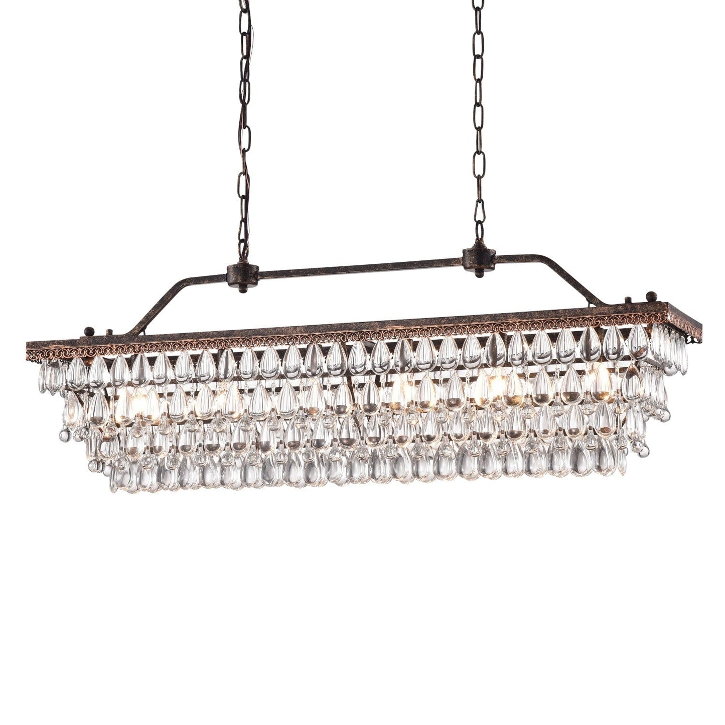 Lampada da cucina rettangolare a 6 luci in bronzo antico con cristalli pendenti - Bronzo antico