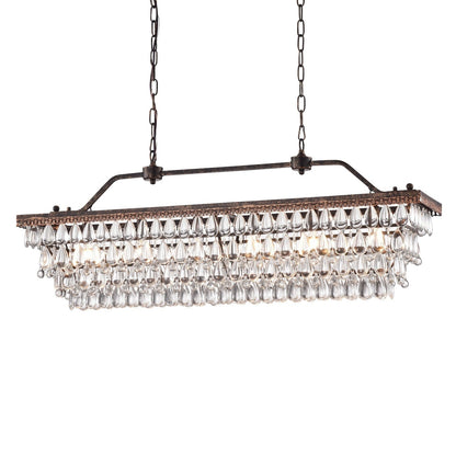 Lampada da cucina rettangolare a 6 luci in bronzo antico con cristalli pendenti - Bronzo antico