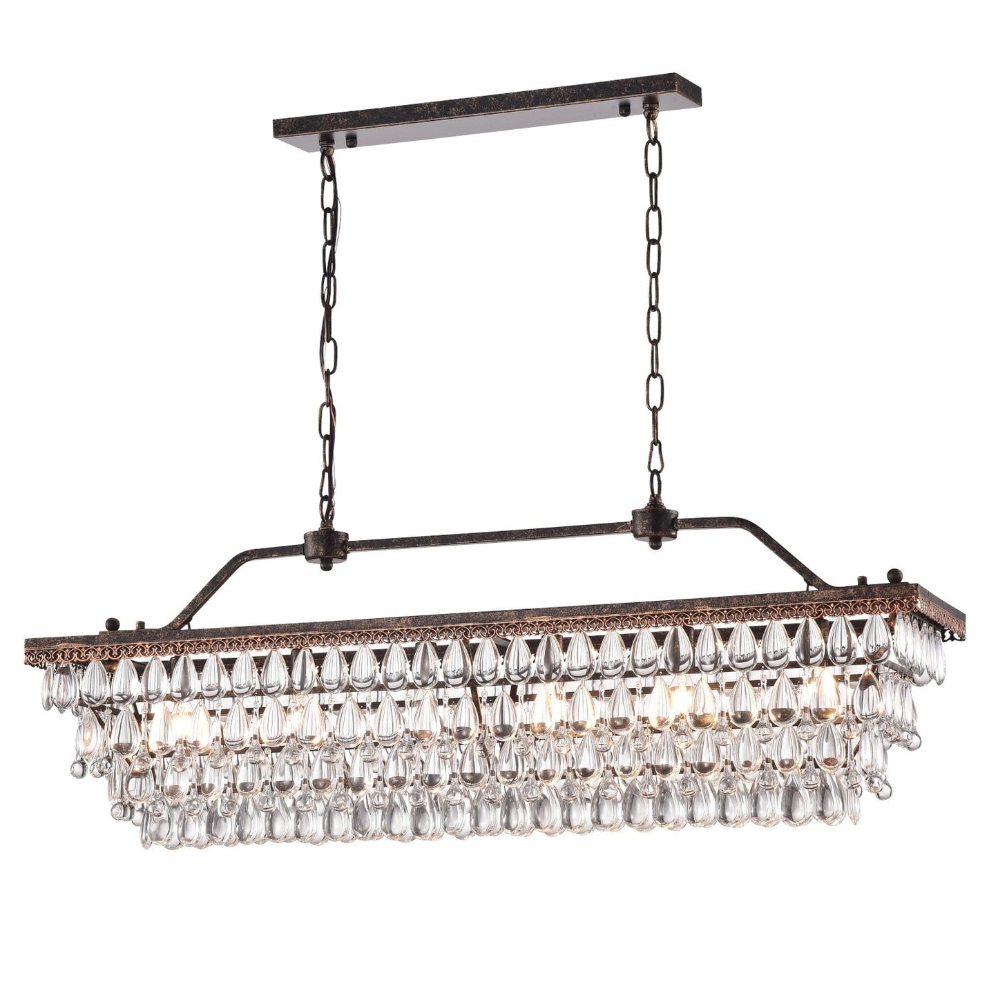Lampada da cucina rettangolare a 6 luci in bronzo antico con cristalli pendenti - Bronzo antico