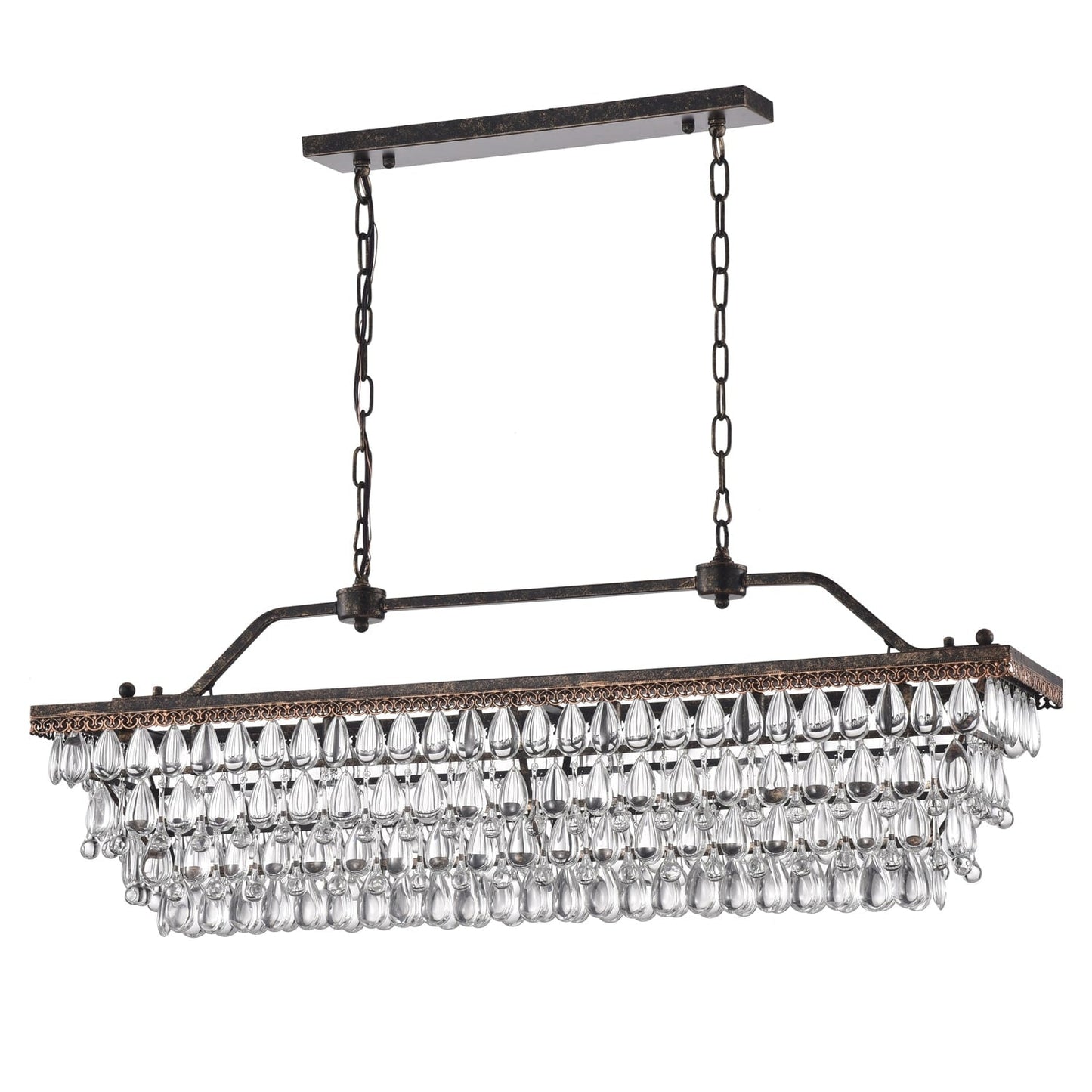 Lampada da cucina rettangolare a 6 luci in bronzo antico con cristalli pendenti - Bronzo antico