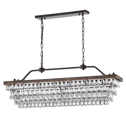 Lampada da cucina rettangolare a 6 luci in bronzo antico con cristalli pendenti - Bronzo antico