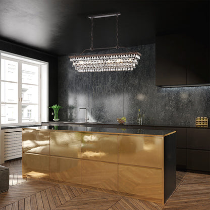 Lampada da cucina rettangolare a 6 luci in bronzo antico con cristalli pendenti - Bronzo antico