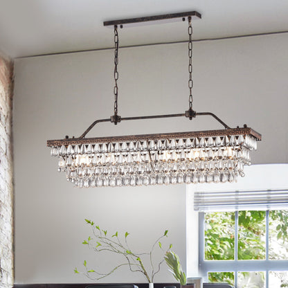 Lampada da cucina rettangolare a 6 luci in bronzo antico con cristalli pendenti - Bronzo antico