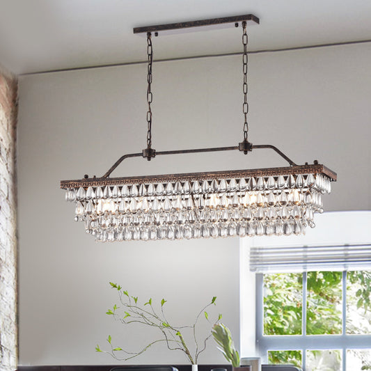 Lampada da cucina rettangolare a 6 luci in bronzo antico con cristalli pendenti - Bronzo antico