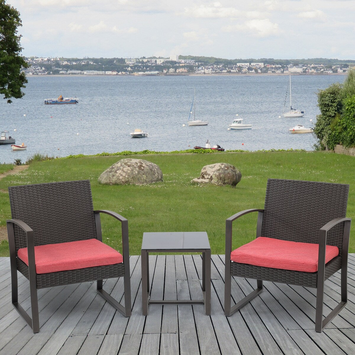 Aoodor Set di mobili da giardino da 3 pezzi - Sedie da esterno in rattan e vimini con tavolo, set di divani con cuscini inclusi - N/D