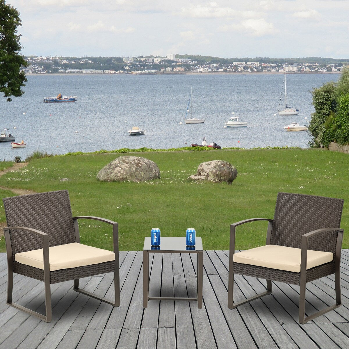 Aoodor Set di mobili da giardino da 3 pezzi - Sedie da esterno in rattan e vimini con tavolo, set di divani con cuscini inclusi - N/D