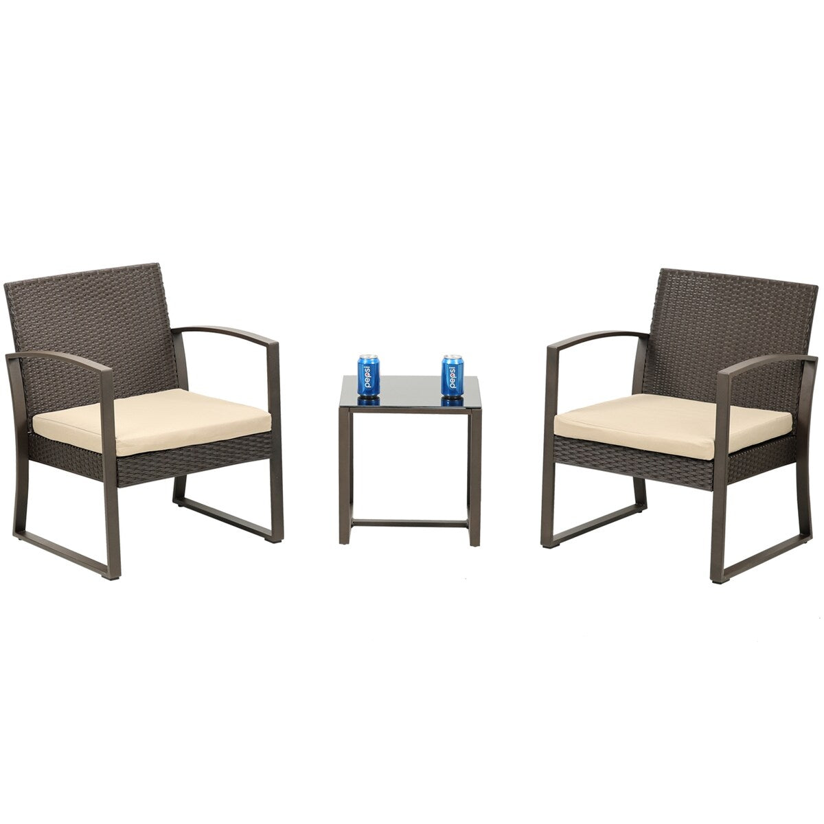 Aoodor Set di mobili da giardino da 3 pezzi - Sedie da esterno in rattan e vimini con tavolo, set di divani con cuscini inclusi - N/D