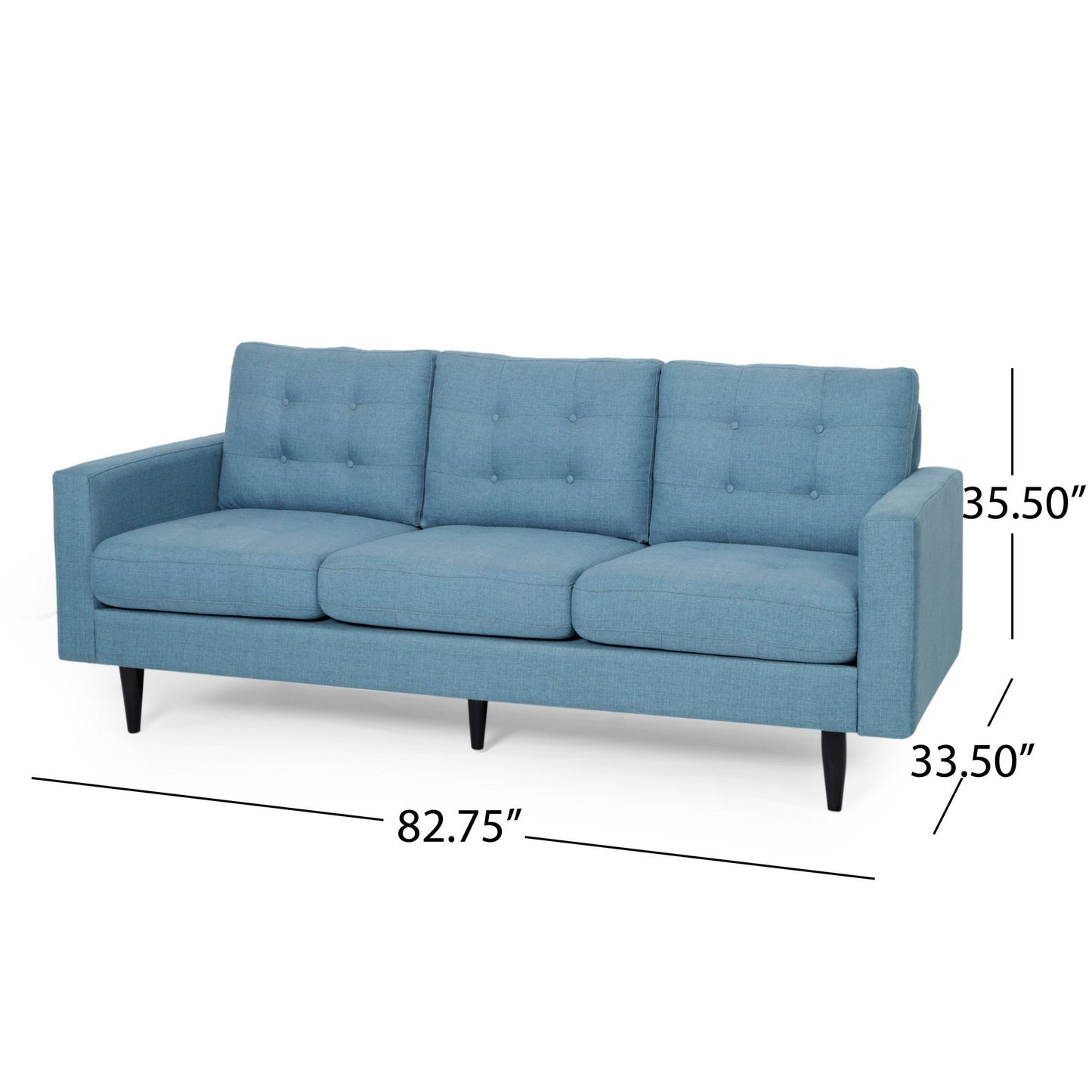 Divano Apex, 3 posti, 83 pollici, capitonné, tessuto azzurro, nero