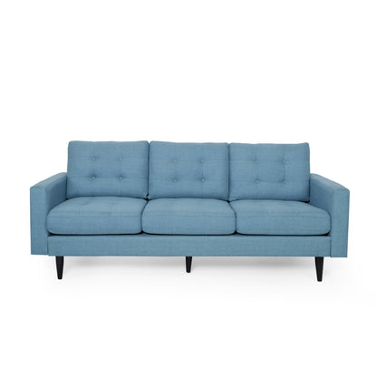 Divano Apex, 3 posti, 83 pollici, capitonné, tessuto azzurro, nero