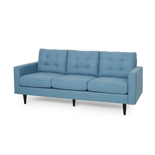 Divano Apex, 3 posti, 83 pollici, capitonné, tessuto azzurro, nero