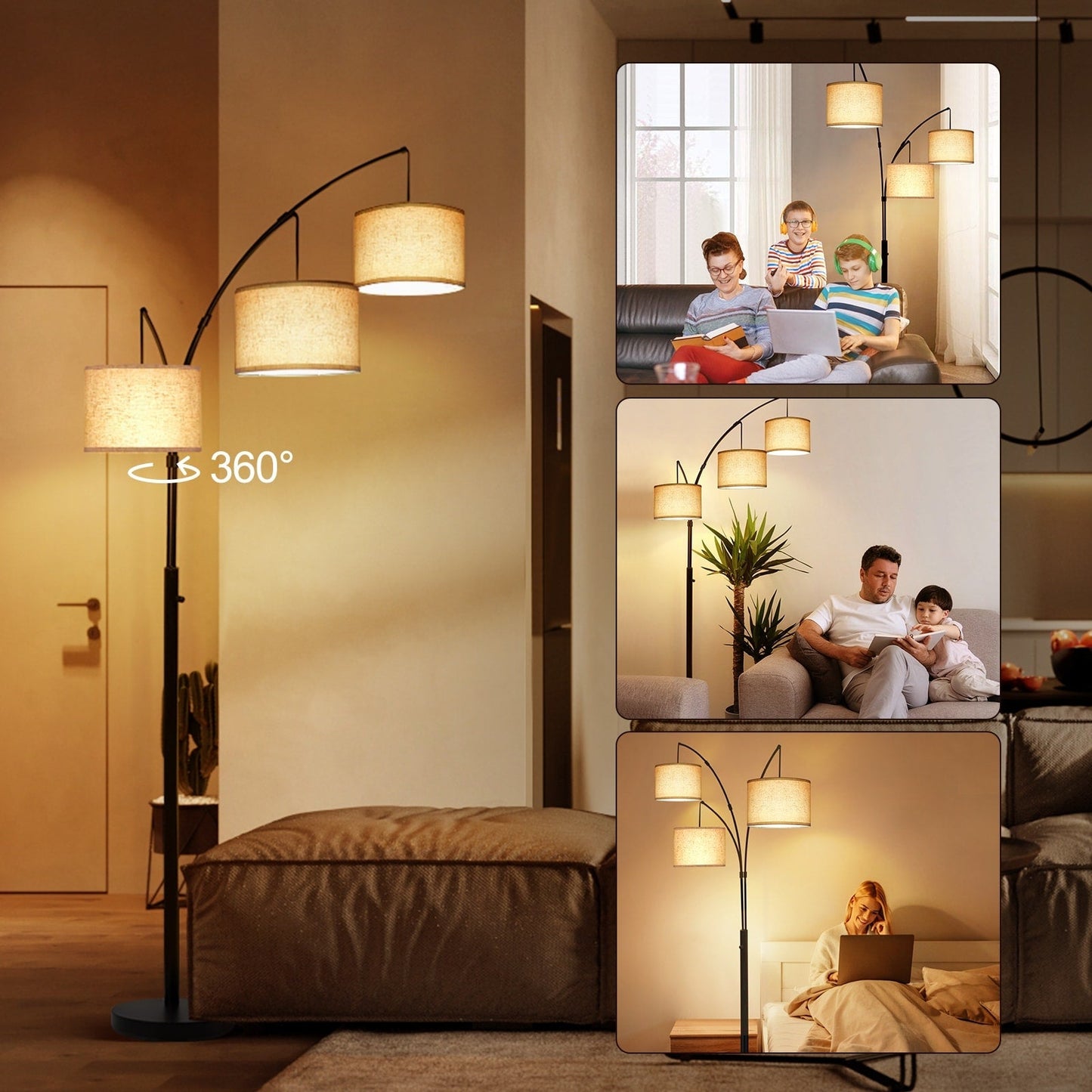 Lampada da terra ad arco LED dimmerabile moderna nera a 3 luci