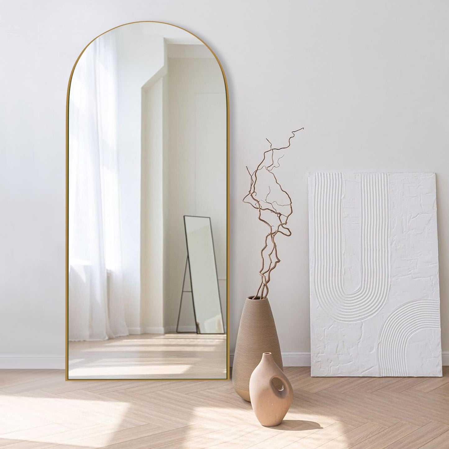 Specchio da pavimento in legno a figura intera ad arco, specchio da parete