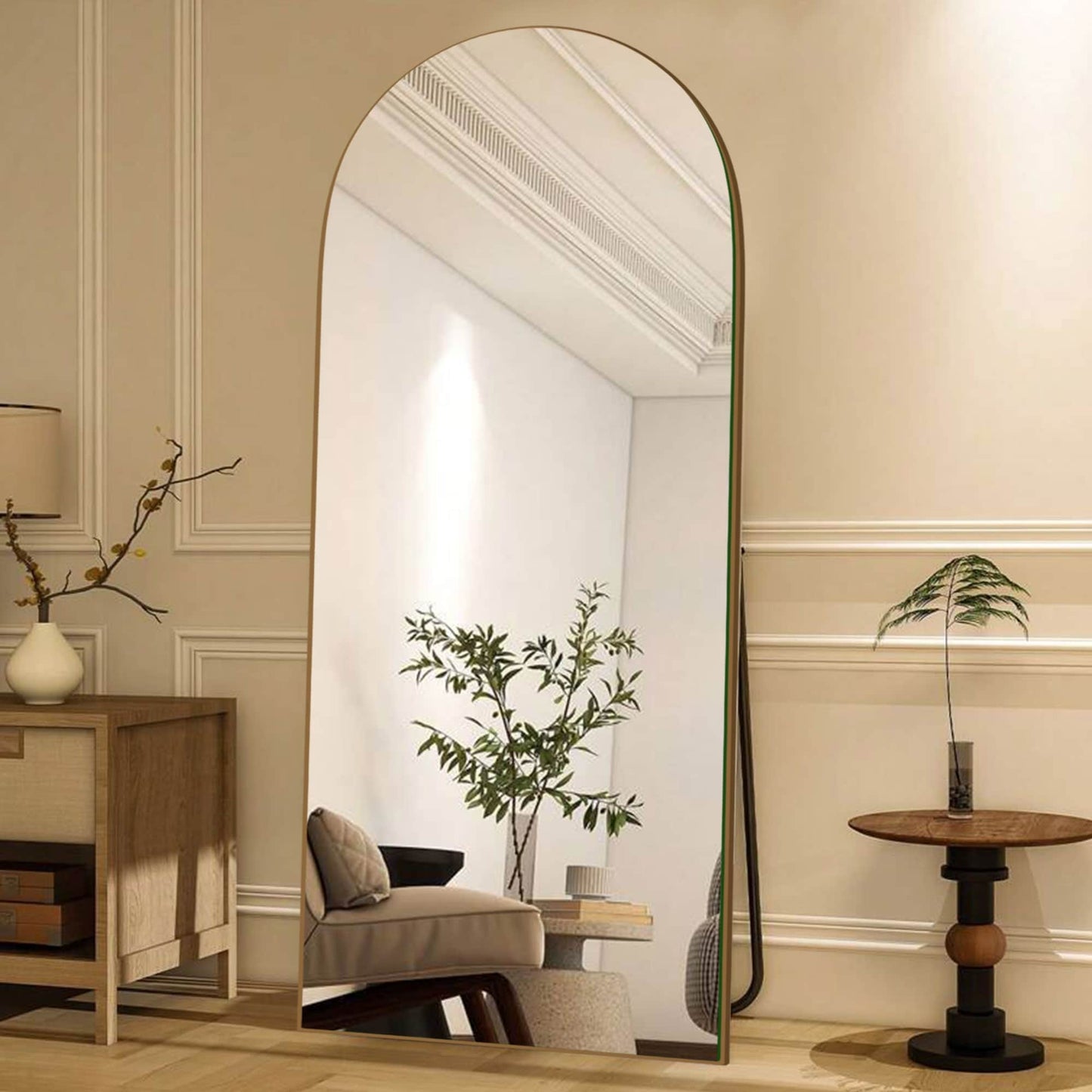 Specchio da pavimento in legno a figura intera ad arco, specchio da parete