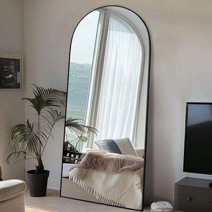 Specchio da pavimento in legno a figura intera ad arco, specchio da parete