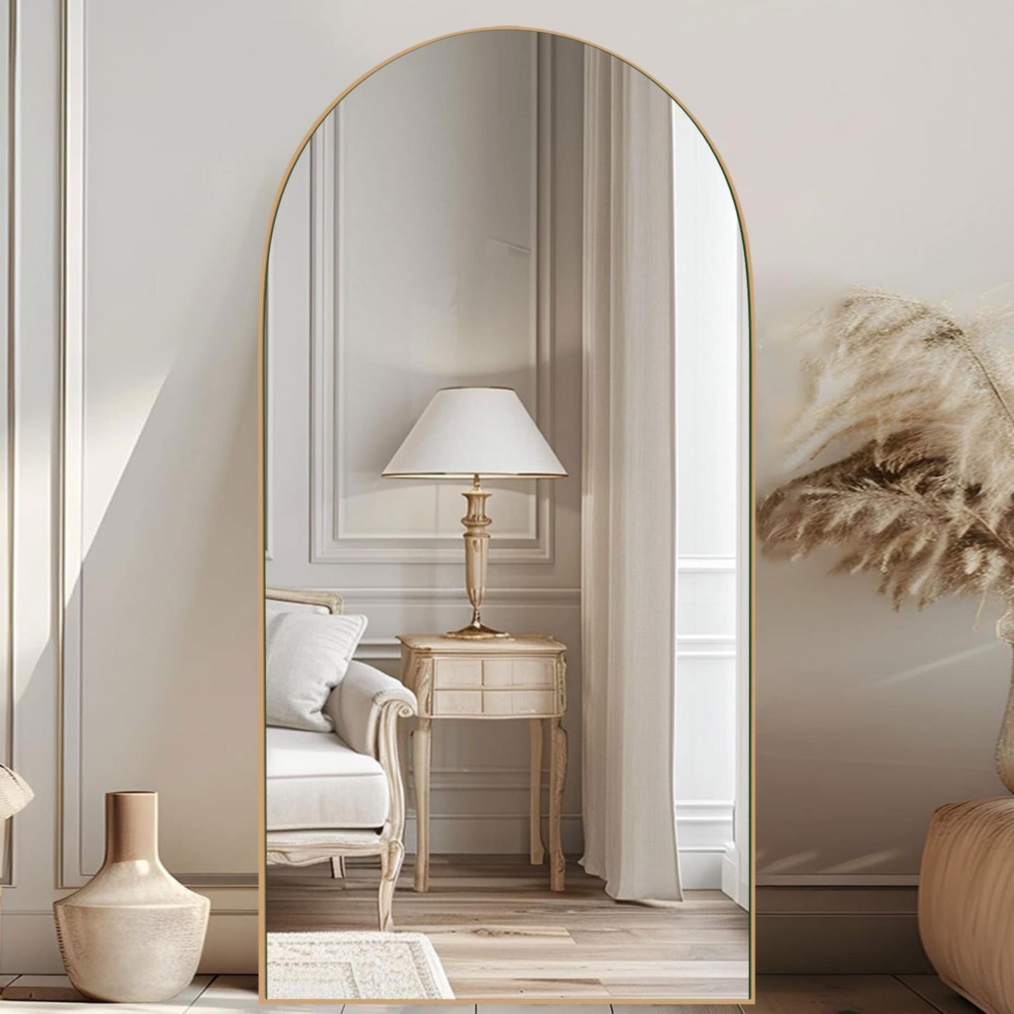 Specchio da pavimento in legno a figura intera ad arco, specchio da parete