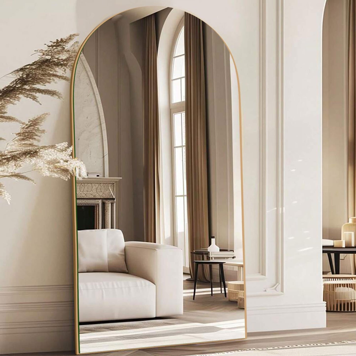 Specchio da pavimento in legno a figura intera ad arco, specchio da parete