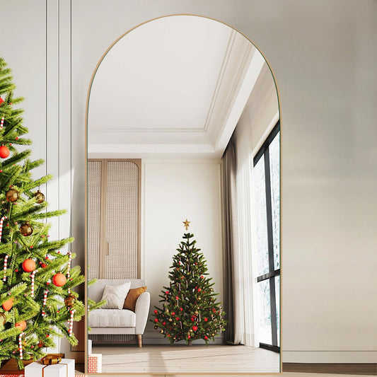 Specchio da pavimento in legno a figura intera ad arco, specchio da parete