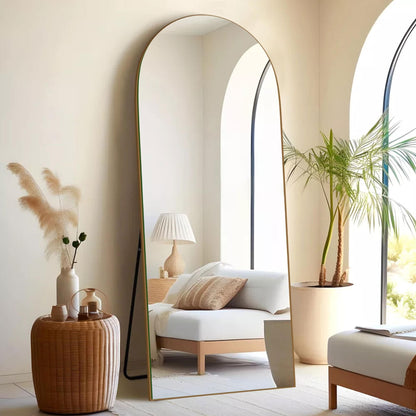 Specchio da pavimento in legno a figura intera ad arco, specchio da parete