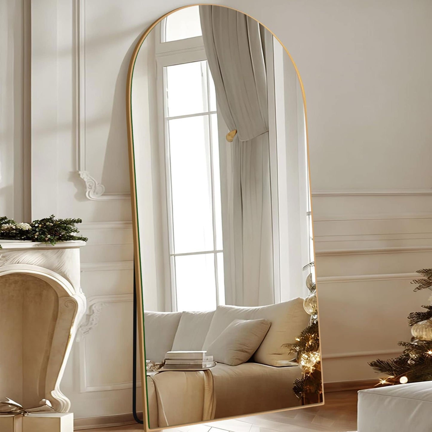 Specchio da pavimento in legno a figura intera ad arco, specchio da parete
