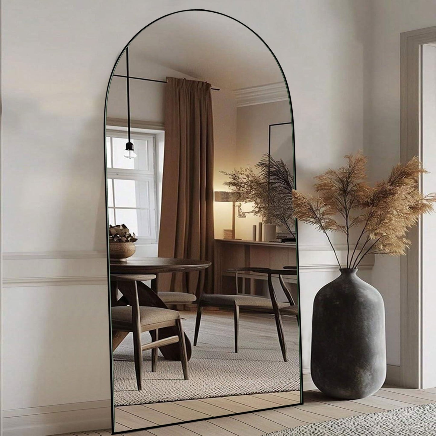 Specchio da pavimento in legno a figura intera ad arco, specchio da parete