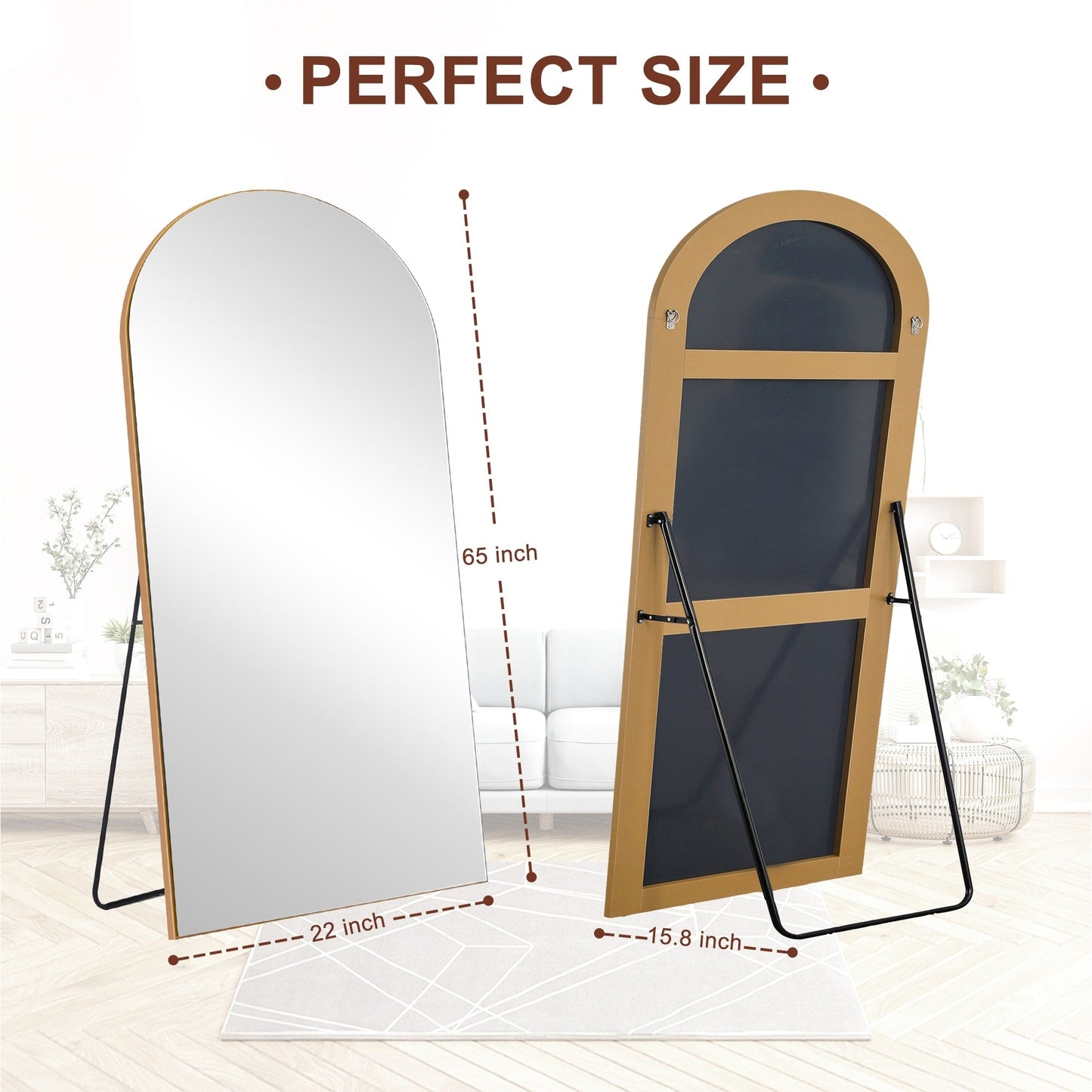 Specchio da pavimento in legno a figura intera ad arco, specchio da parete
