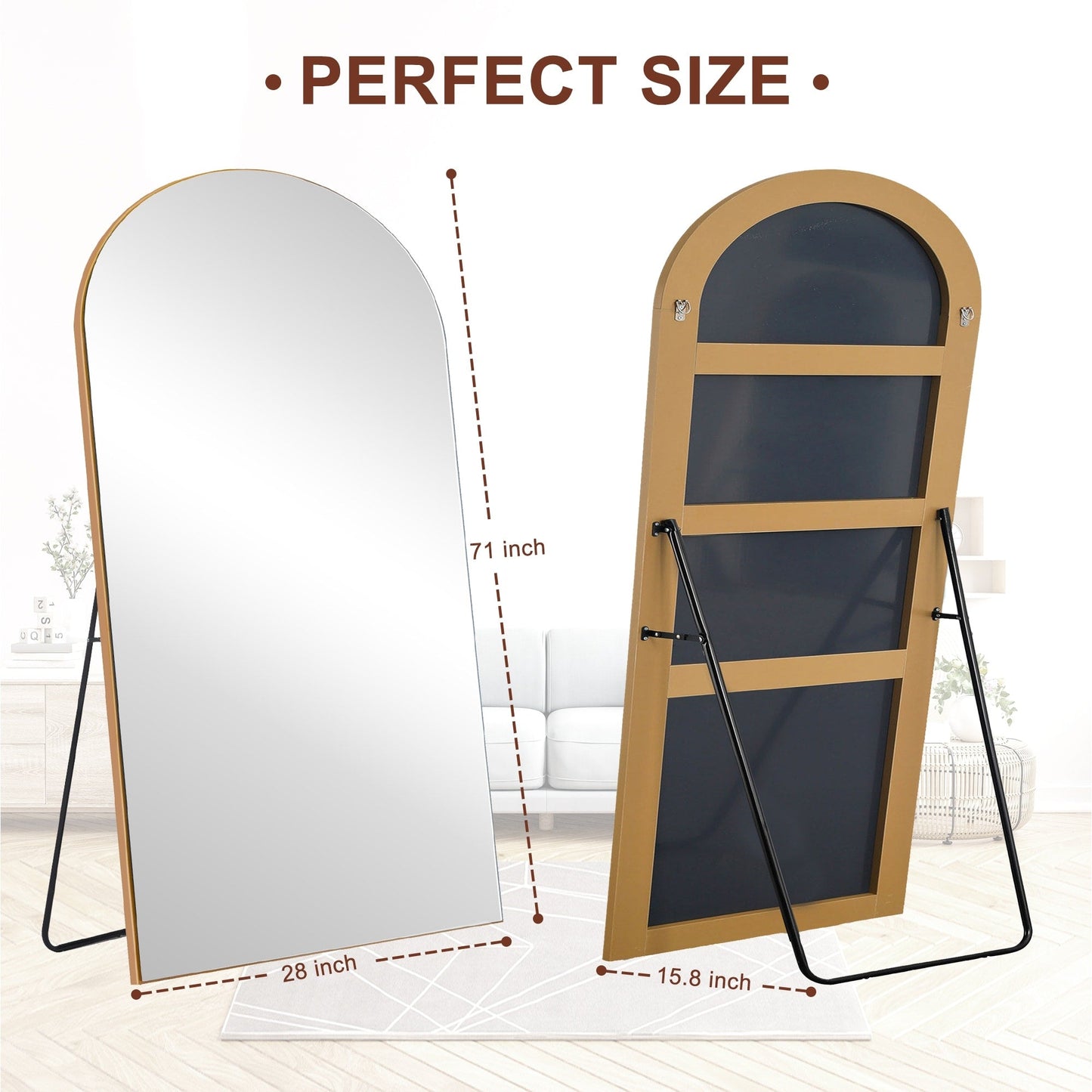 Specchio da pavimento in legno a figura intera ad arco, specchio da parete