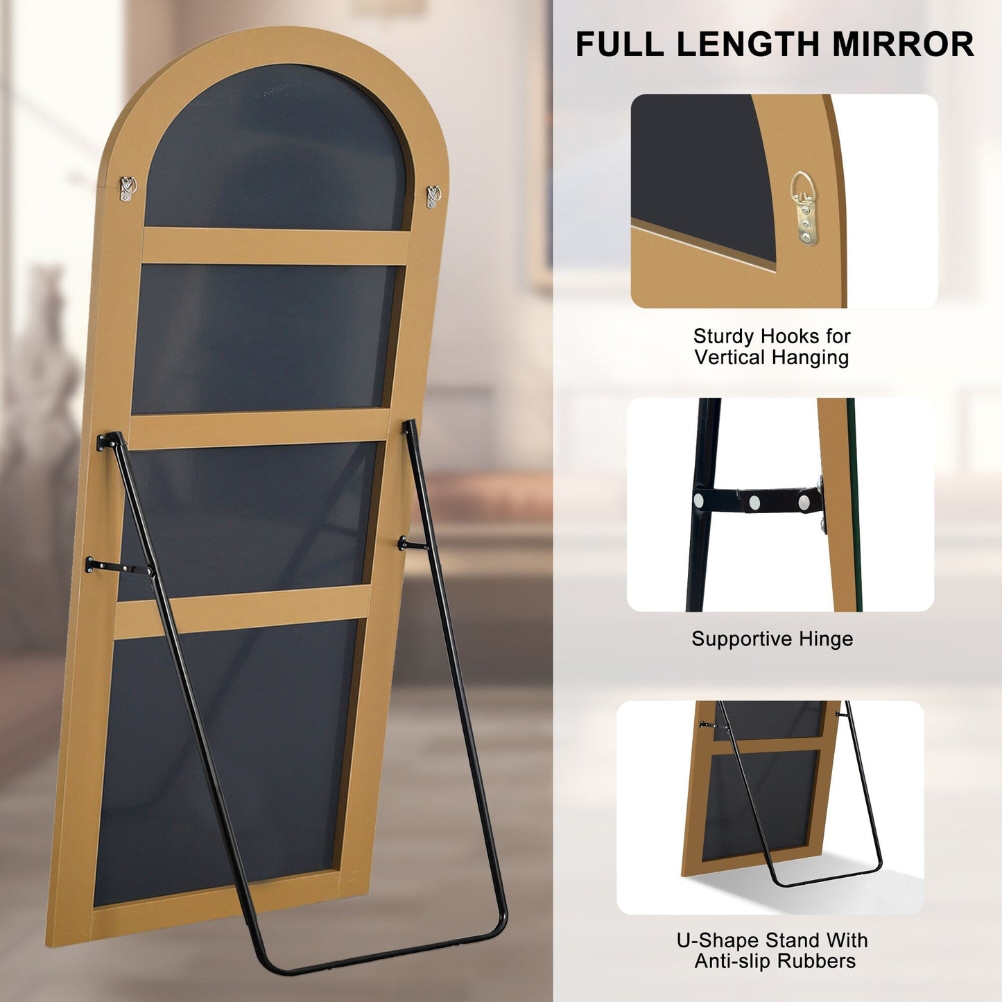 Specchio da pavimento in legno a figura intera ad arco, specchio da parete