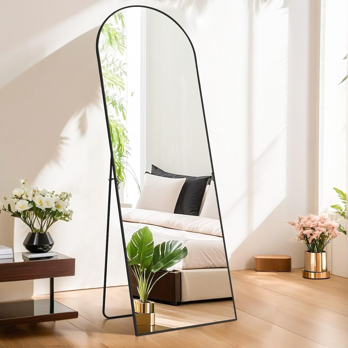 Specchio ad arco a figura intera, specchi da parete con corpo 21x64, vetro infrangibile, grande specchio ad arco alto con supporto, telaio in lega di alluminio