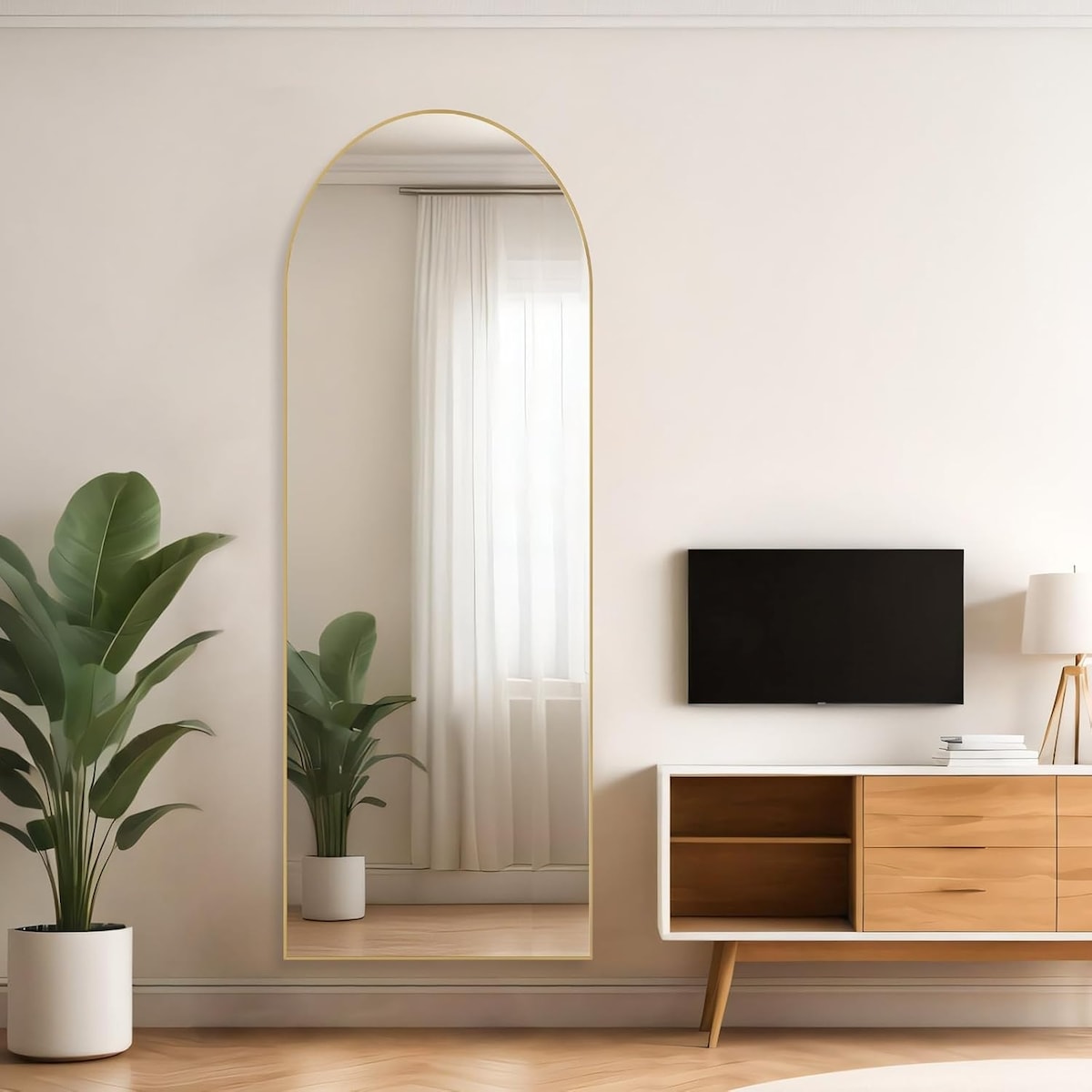 Specchio ad arco a figura intera, specchi da parete con corpo 21x64, vetro infrangibile, grande specchio ad arco alto con supporto, telaio in lega di alluminio