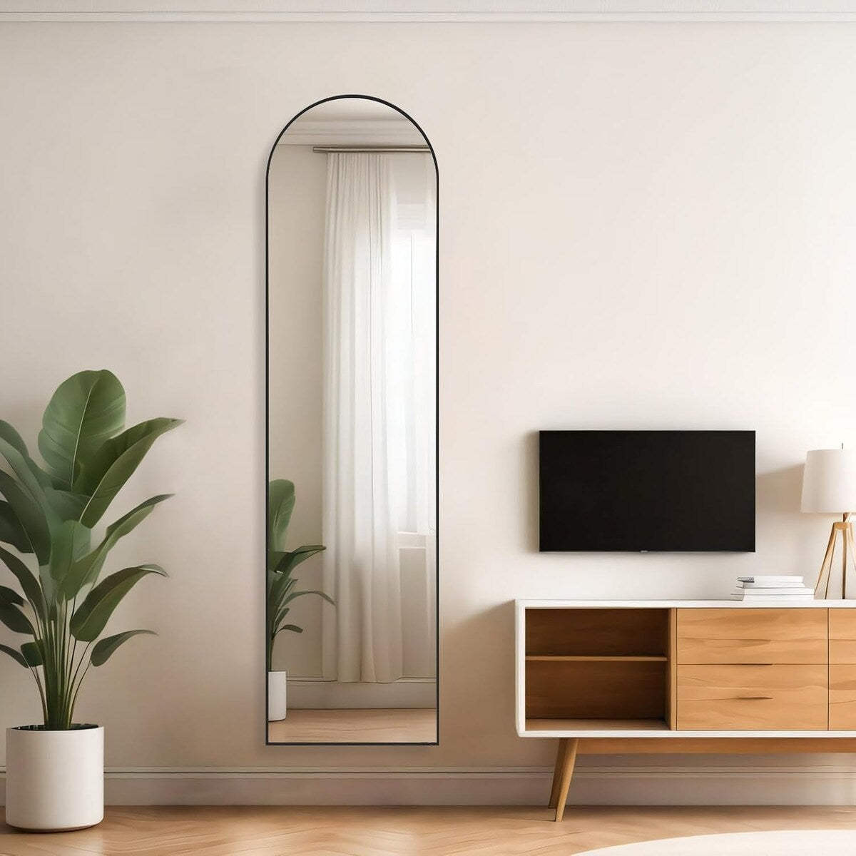 Specchio ad arco a figura intera, specchi da parete con corpo 16x59, da terra, specchio ad arco alto con supporto, telaio in lega di alluminio