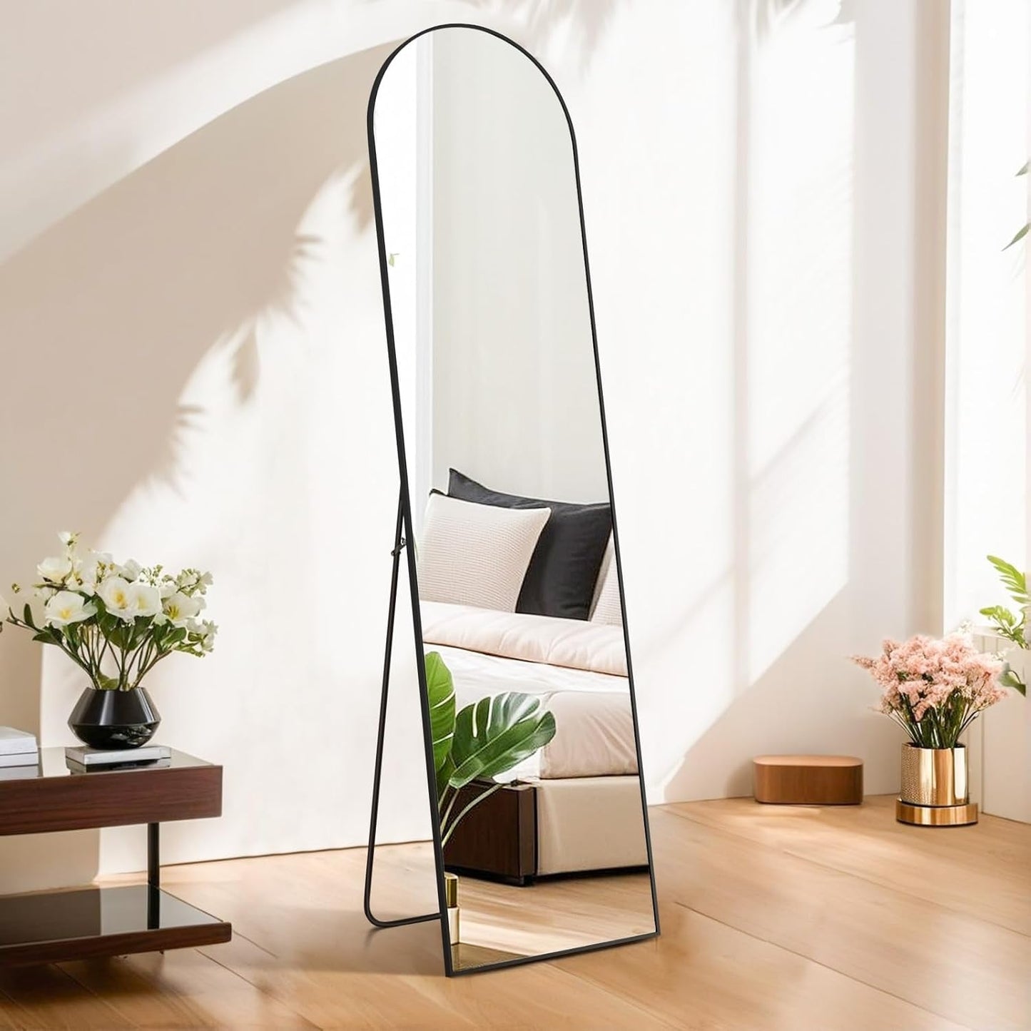 Specchio ad arco a figura intera, specchi da parete con corpo 16x59, da terra, specchio ad arco alto con supporto, telaio in lega di alluminio
