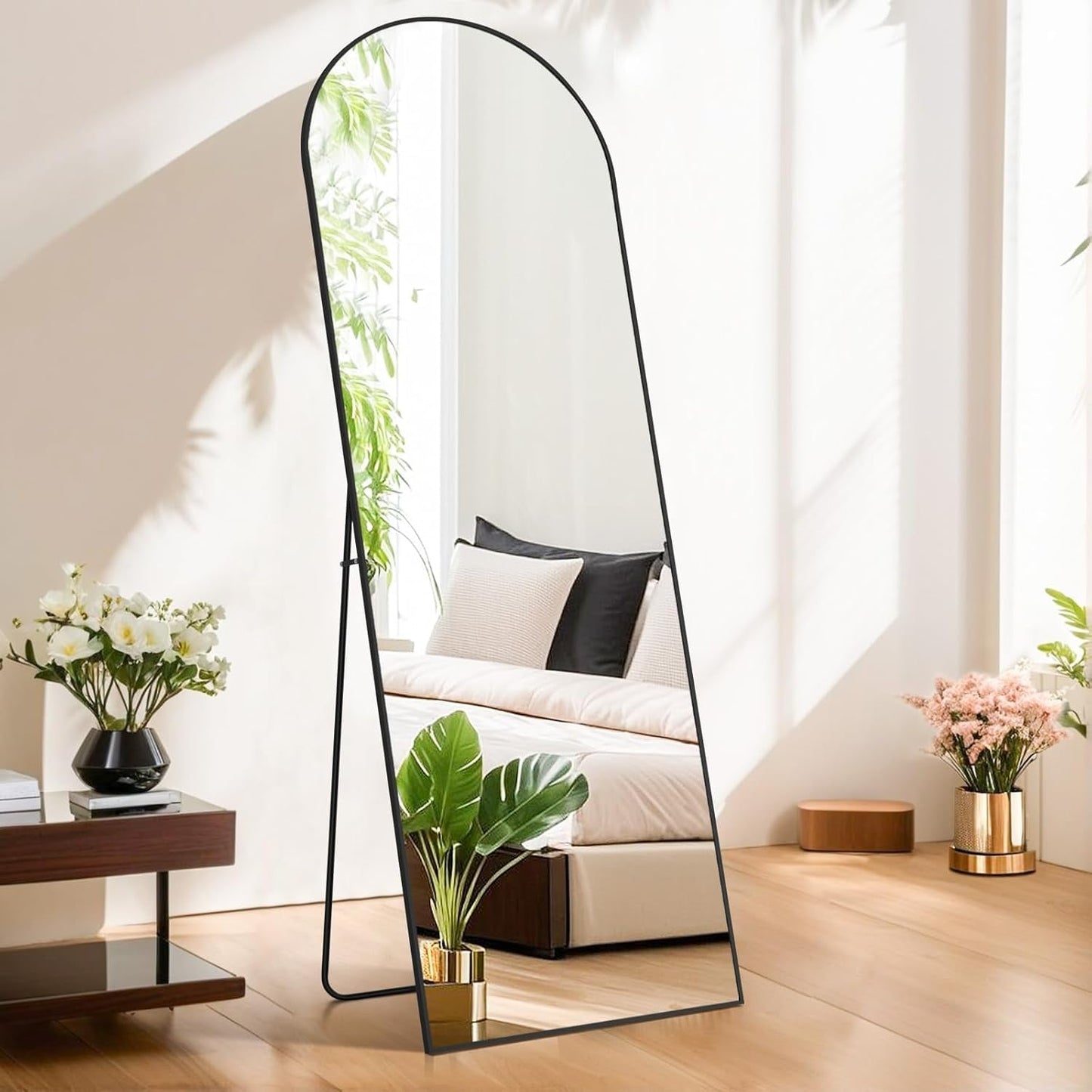 Specchio ad arco a figura intera, specchi da parete con corpo 21x64, vetro infrangibile, grande specchio ad arco alto con supporto, telaio in lega di alluminio