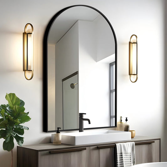 Specchio da parete ad arco, specchio da bagno con cornice in metallo nero