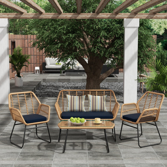 Set da conversazione per patio in vimini da esterno Arden da 4 pezzi con cuscini