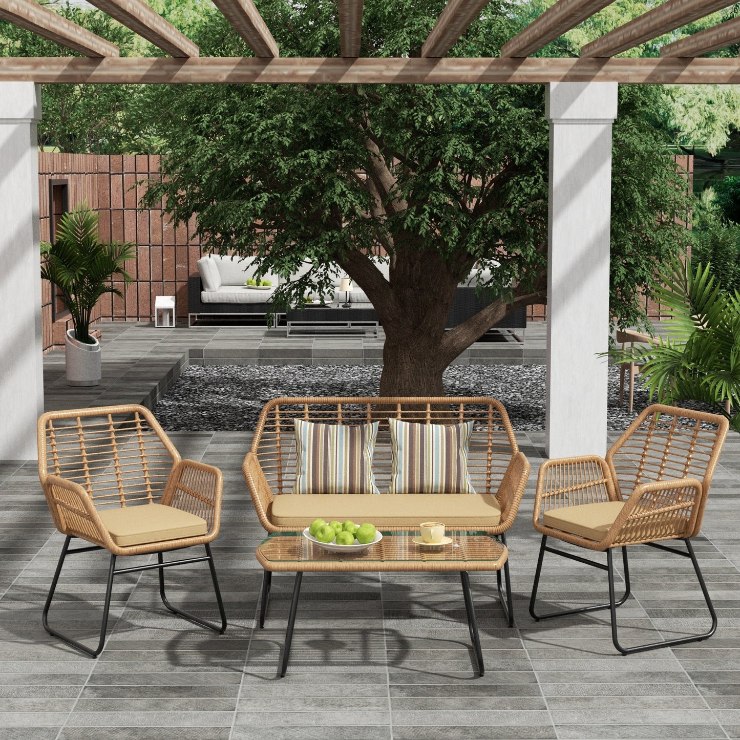 Set da conversazione per patio in vimini da esterno Arden da 4 pezzi con cuscini