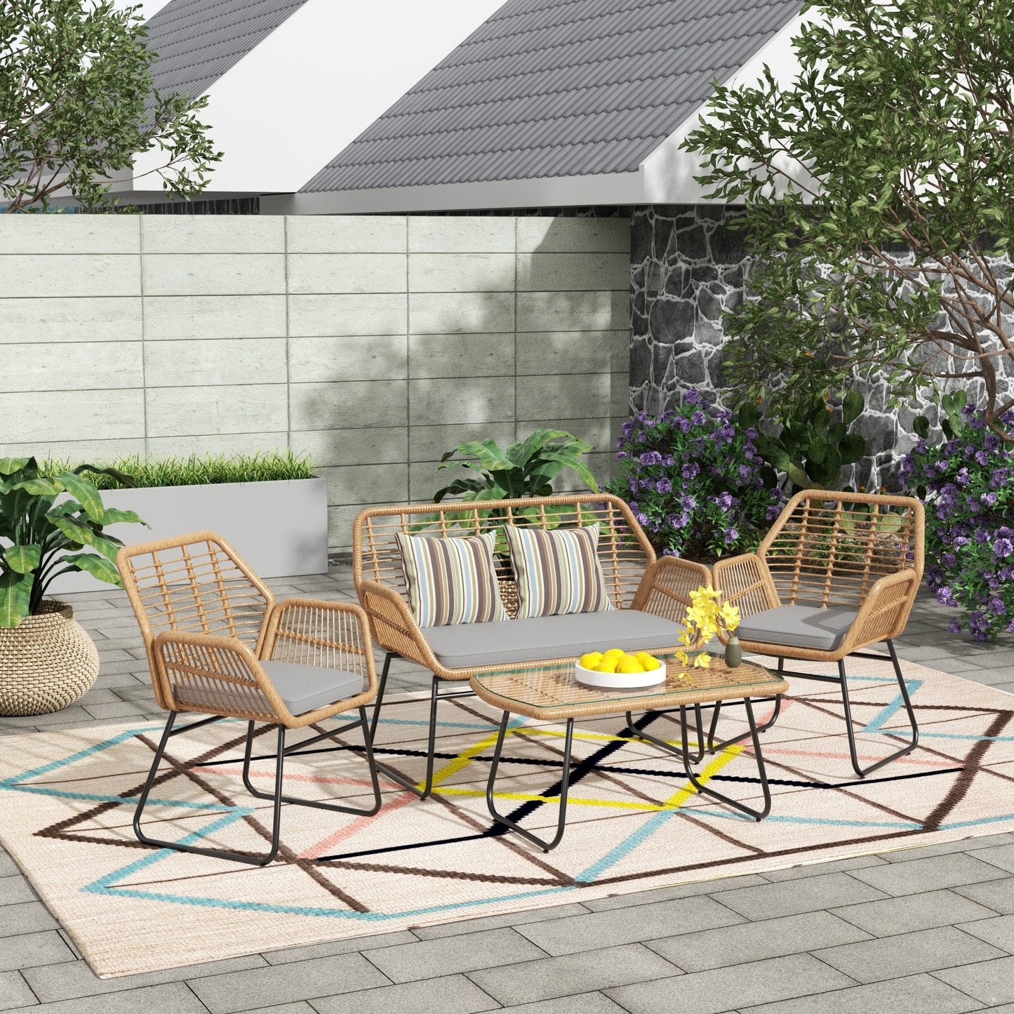 Set da conversazione per patio in vimini da esterno Arden da 4 pezzi con cuscini